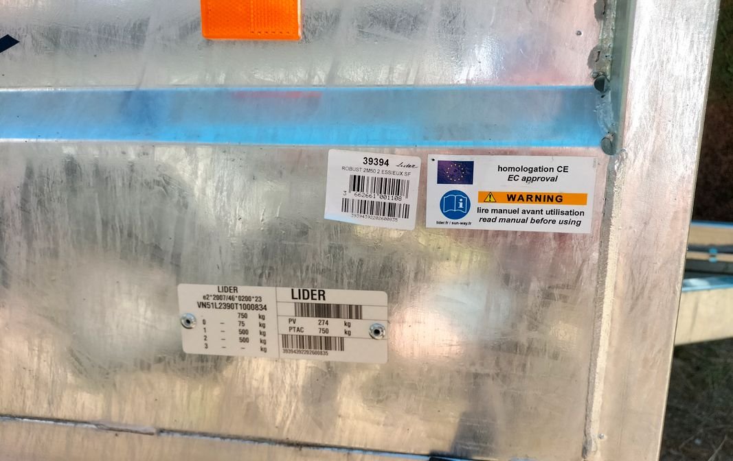 REMORQUE NEUVE - marque LIEDER - modèle ROBUST 39394 - PTAC 750kg + Réhausse 3