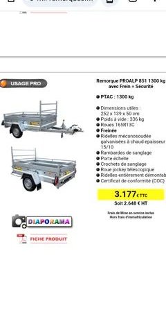 Remorque mil proalp freinée caisse 256cm ptac 1300kg 4ridelles amovibles 3