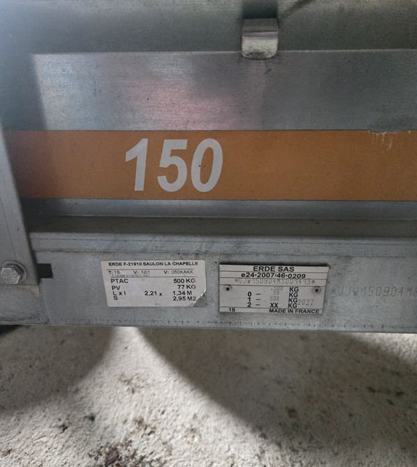Remorque ERDÉ ECO 150 – PTAC 500 kg – Rehausses – 2022