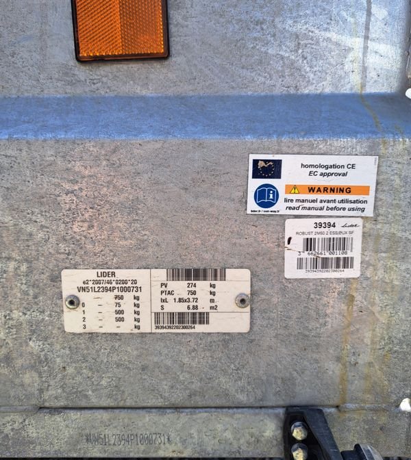 Remorque LIDER robust 2m53x134x50 double essieux 2
