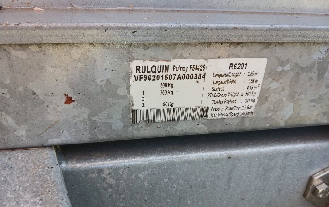 Remorque bagagere Rulquin R6201
Pneus en bon état 
Ptac 500 kg
2.65 m x 1.58 m 3